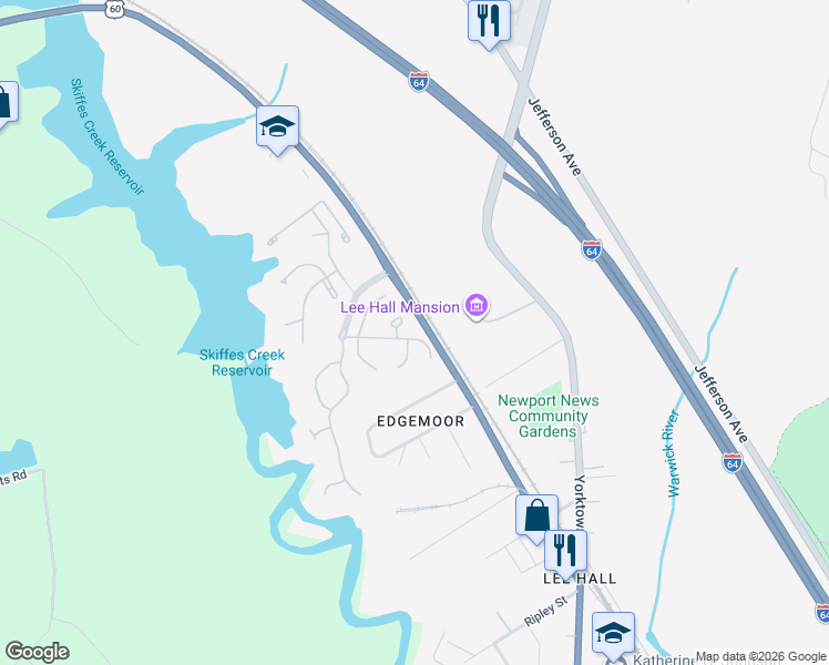 map of restaurants, bars, coffee shops, grocery stores, and more near 208 Mill Run Court in Newport News