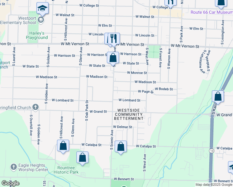 map of restaurants, bars, coffee shops, grocery stores, and more near 2639 West Page Street in Springfield