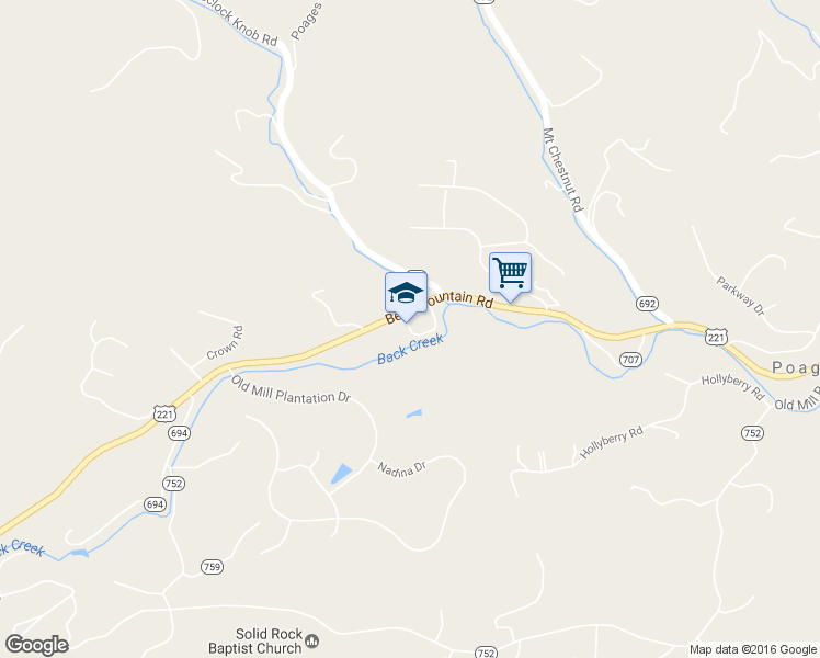 map of restaurants, bars, coffee shops, grocery stores, and more near 7130 Bent Mountain Road in Roanoke