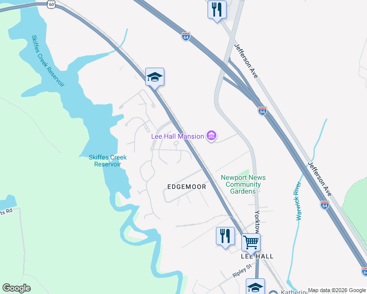 map of restaurants, bars, coffee shops, grocery stores, and more near 208 Mill Run Court in Newport News