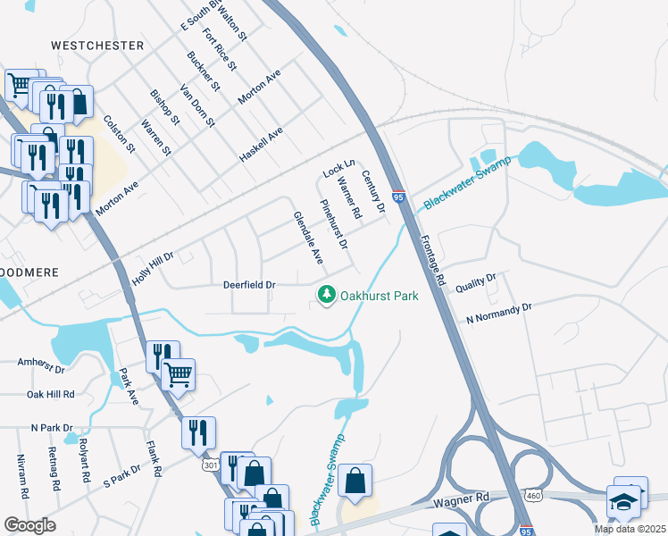 map of restaurants, bars, coffee shops, grocery stores, and more near 2595 Glendale Avenue in Petersburg