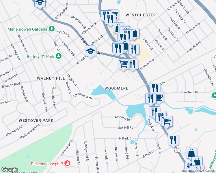 map of restaurants, bars, coffee shops, grocery stores, and more near 200 Walnut Boulevard in Petersburg