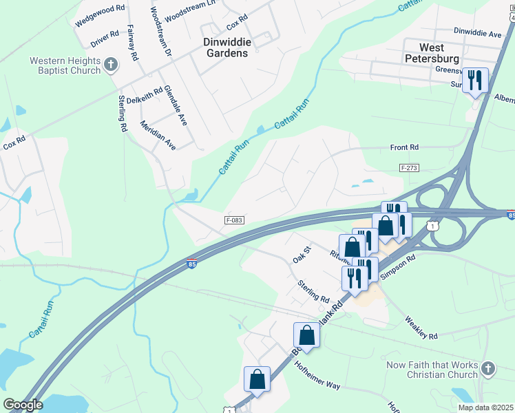 map of restaurants, bars, coffee shops, grocery stores, and more near 25003 James Avenue in Petersburg
