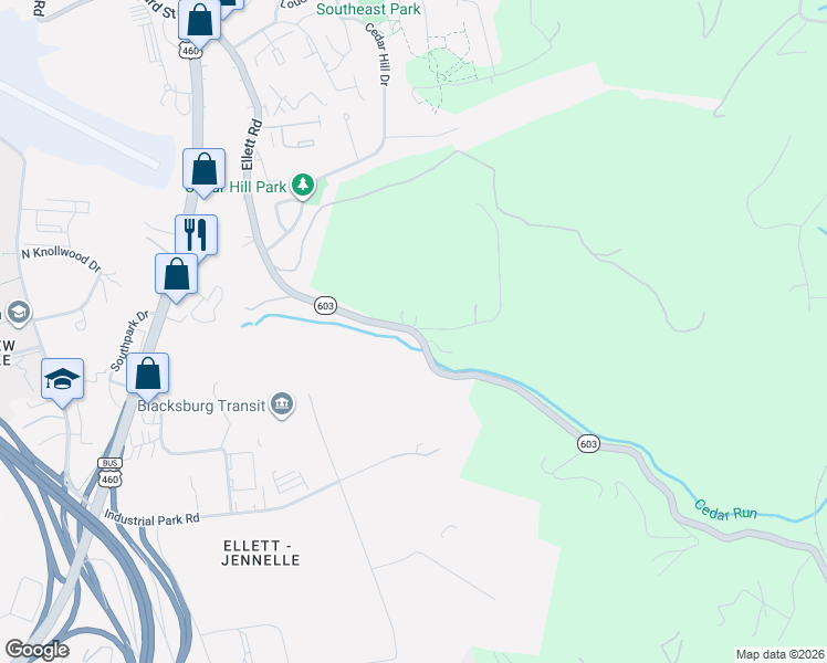 map of restaurants, bars, coffee shops, grocery stores, and more near Virginia 603 in Blacksburg