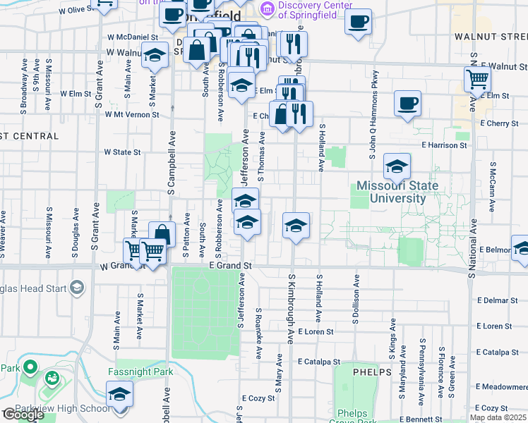 map of restaurants, bars, coffee shops, grocery stores, and more near 412 East Madison Street in Springfield