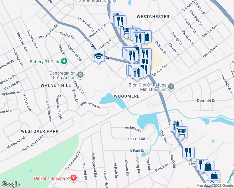 map of restaurants, bars, coffee shops, grocery stores, and more near 25 Walnut Boulevard in Petersburg
