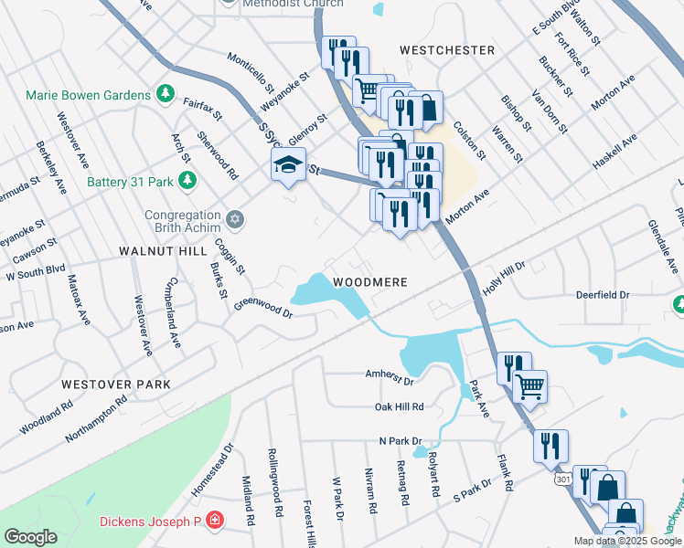map of restaurants, bars, coffee shops, grocery stores, and more near 25 Walnut Boulevard in Petersburg
