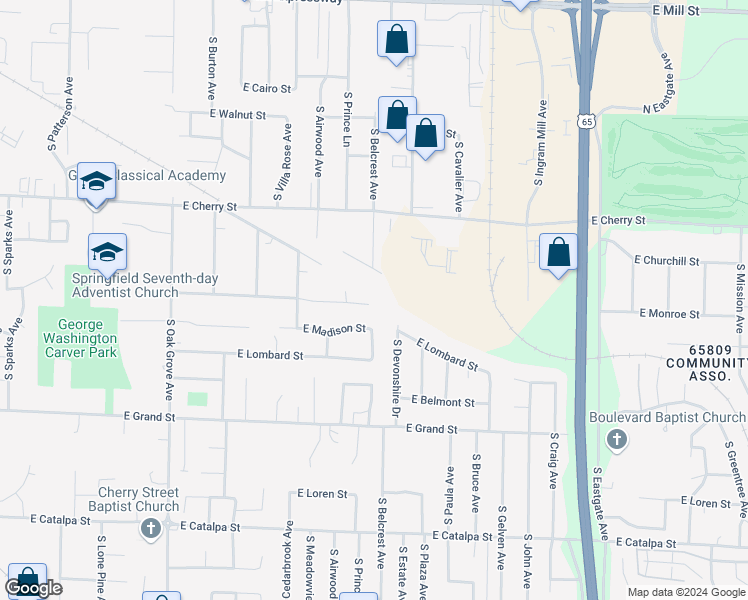 map of restaurants, bars, coffee shops, grocery stores, and more near 2965 East Monroe Terrace in Springfield