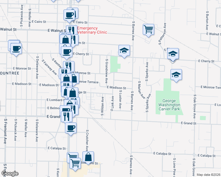 map of restaurants, bars, coffee shops, grocery stores, and more near 748 South Grandview Avenue in Springfield
