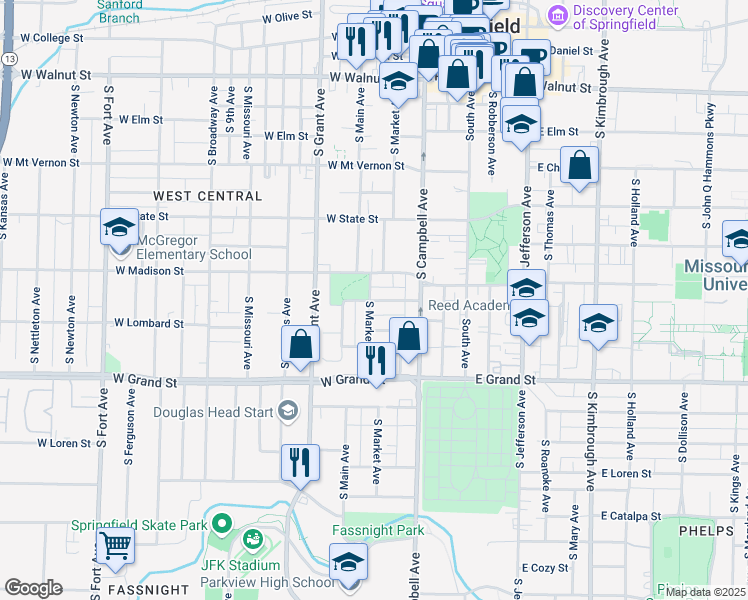map of restaurants, bars, coffee shops, grocery stores, and more near 453 West Page Street in Springfield