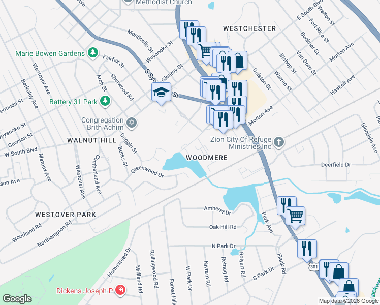 map of restaurants, bars, coffee shops, grocery stores, and more near 25 Walnut Boulevard in Petersburg