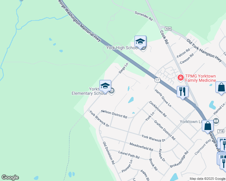 map of restaurants, bars, coffee shops, grocery stores, and more near 131 Siege Lane in Yorktown