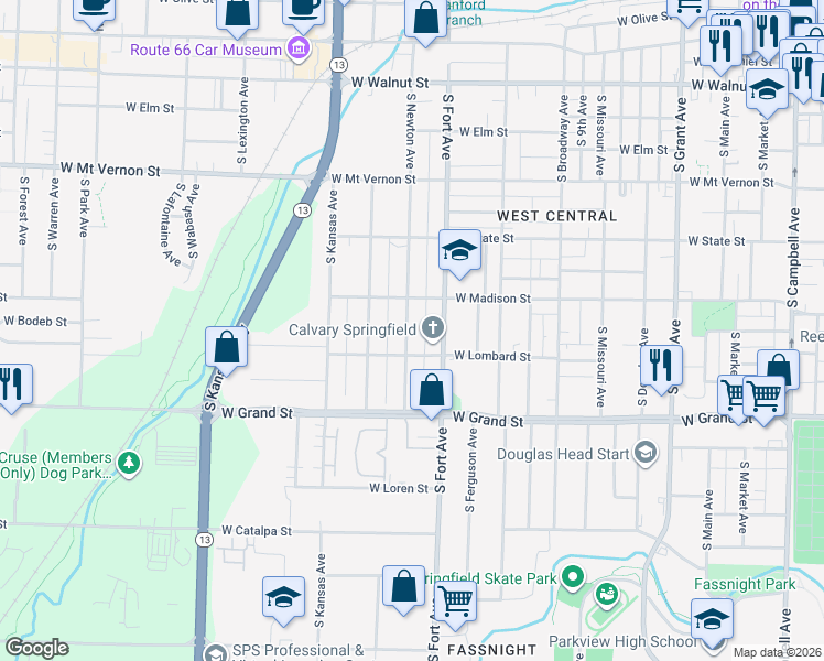 map of restaurants, bars, coffee shops, grocery stores, and more near 816 South Newton Avenue in Springfield