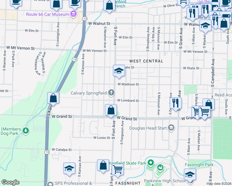 map of restaurants, bars, coffee shops, grocery stores, and more near 816 South Fort Avenue in Springfield
