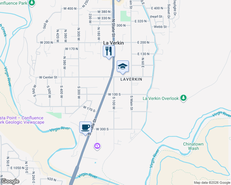 map of restaurants, bars, coffee shops, grocery stores, and more near 60 South 100 West in La Verkin