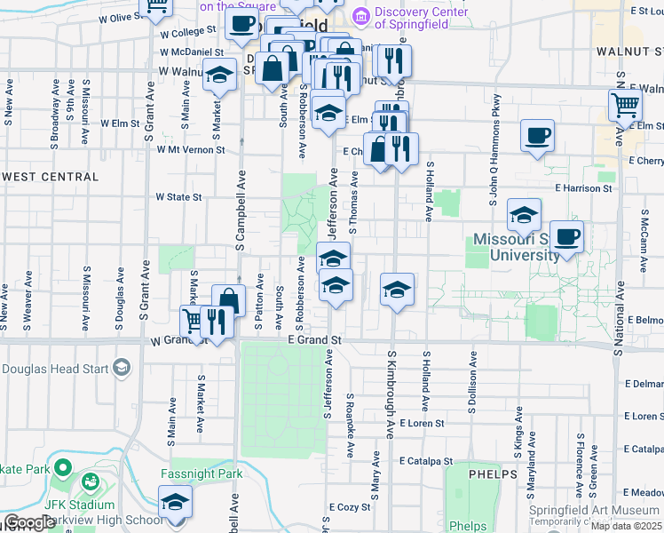 map of restaurants, bars, coffee shops, grocery stores, and more near 412 East Madison Street in Springfield