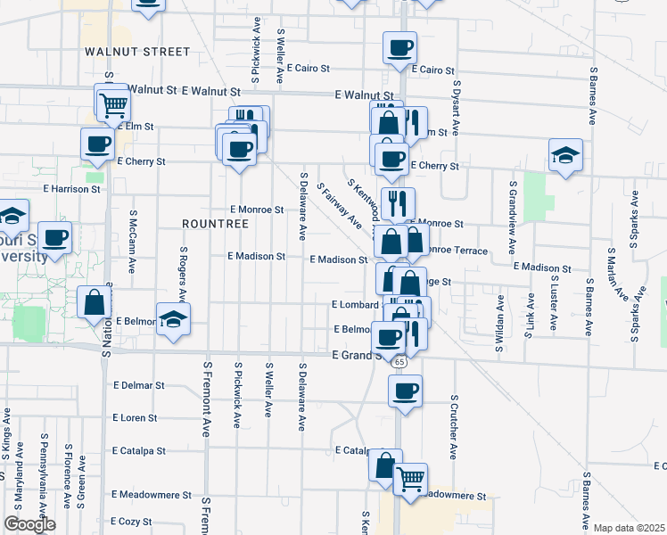 map of restaurants, bars, coffee shops, grocery stores, and more near 1629 East Madison Street in Springfield