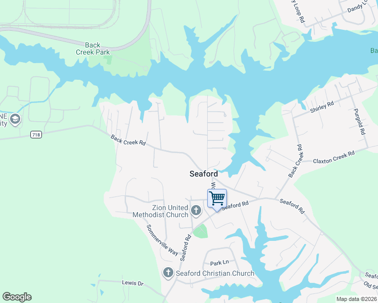 map of restaurants, bars, coffee shops, grocery stores, and more near 1303A Back Creek Road in Seaford