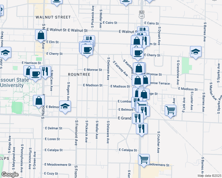 map of restaurants, bars, coffee shops, grocery stores, and more near 1500-1598 East Madison Street in Springfield