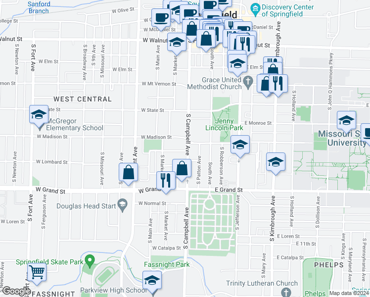 map of restaurants, bars, coffee shops, grocery stores, and more near 829 South Campbell Avenue in Springfield