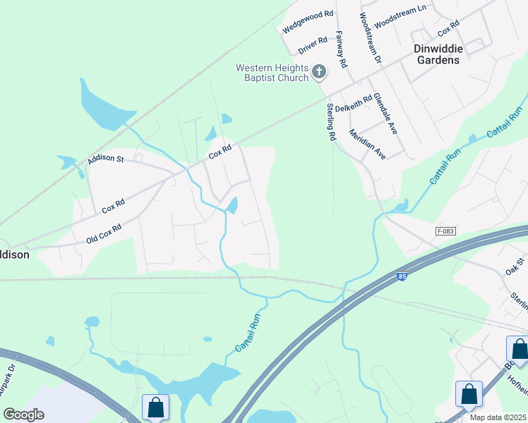 map of restaurants, bars, coffee shops, grocery stores, and more near 5223 Chesdin Road in Petersburg