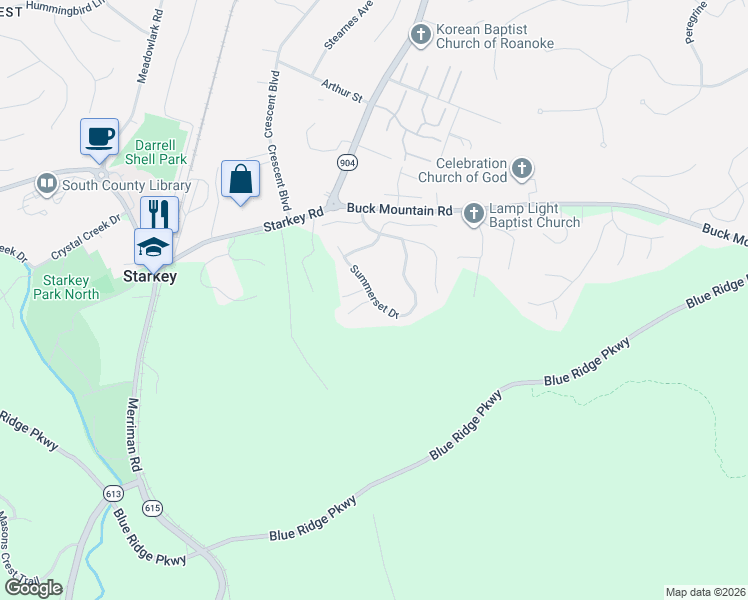 map of restaurants, bars, coffee shops, grocery stores, and more near 4501 Summerset Drive in Roanoke