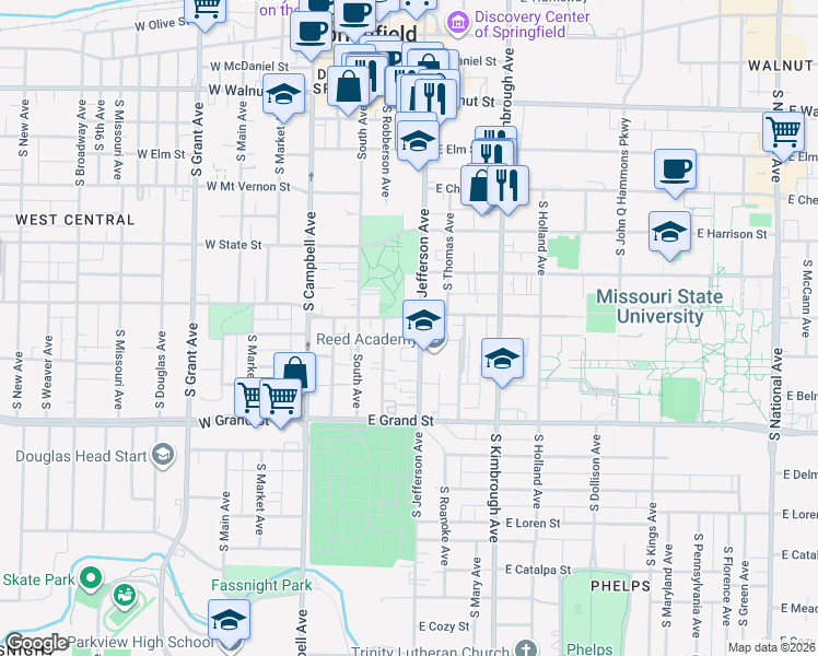 map of restaurants, bars, coffee shops, grocery stores, and more near 308 East Madison Street in Springfield