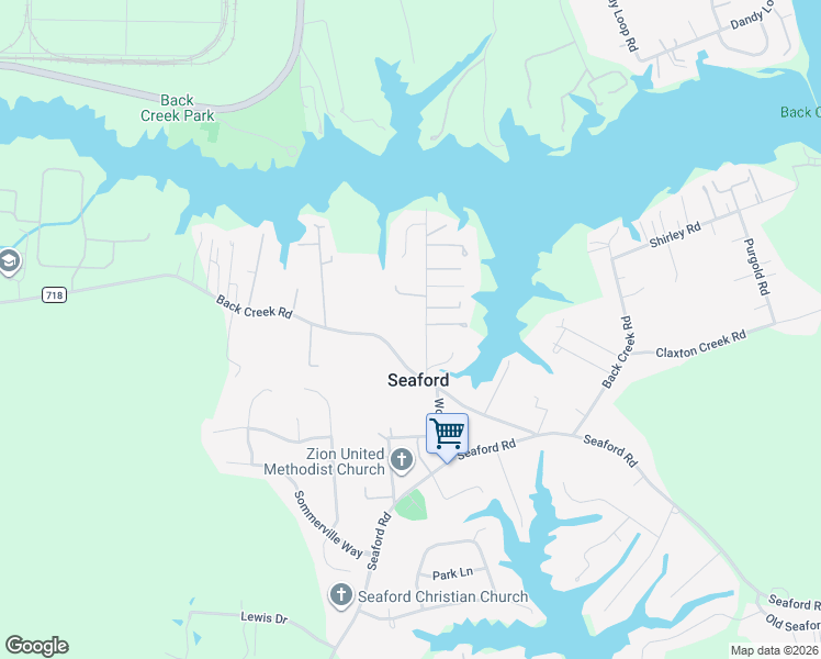 map of restaurants, bars, coffee shops, grocery stores, and more near 1303A Back Creek Road in Seaford