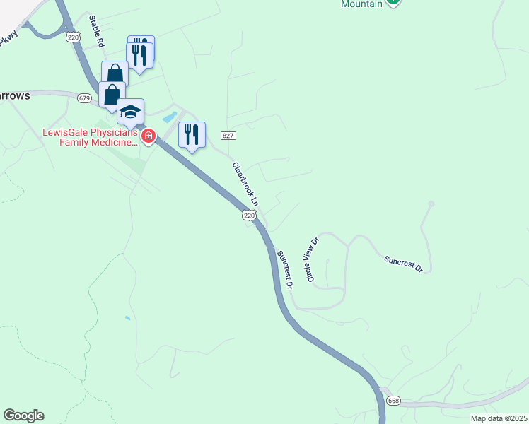 map of restaurants, bars, coffee shops, grocery stores, and more near 5494 Clearbrook Lane in Roanoke