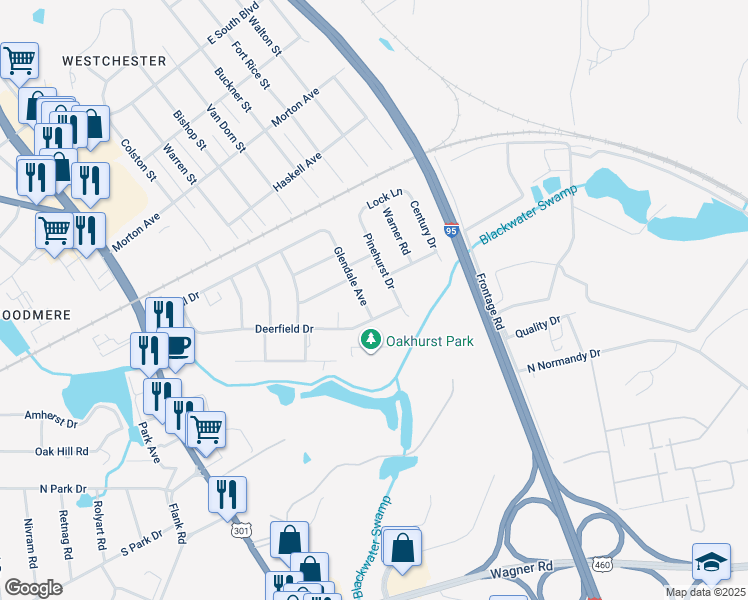 map of restaurants, bars, coffee shops, grocery stores, and more near 2581 Glendale Avenue in Petersburg