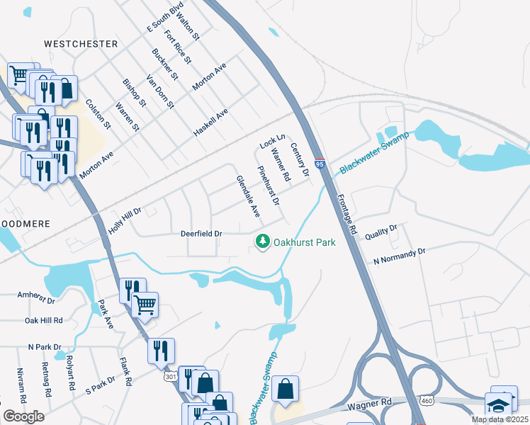 map of restaurants, bars, coffee shops, grocery stores, and more near 2581 Glendale Avenue in Petersburg