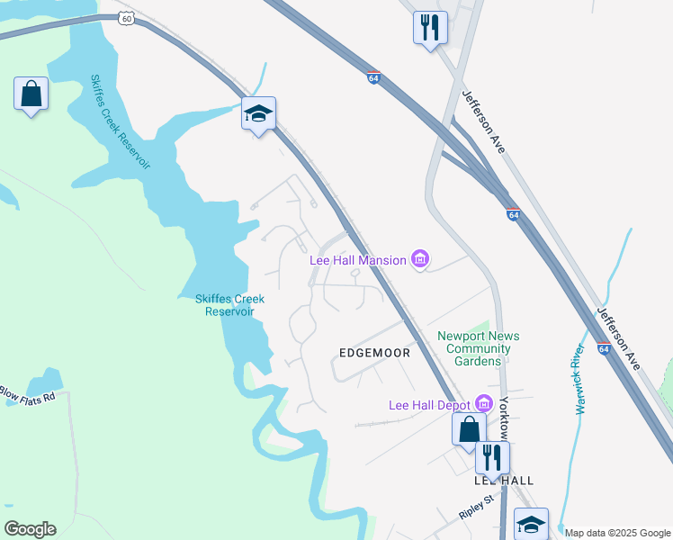 map of restaurants, bars, coffee shops, grocery stores, and more near 210 White Stone Court in Newport News