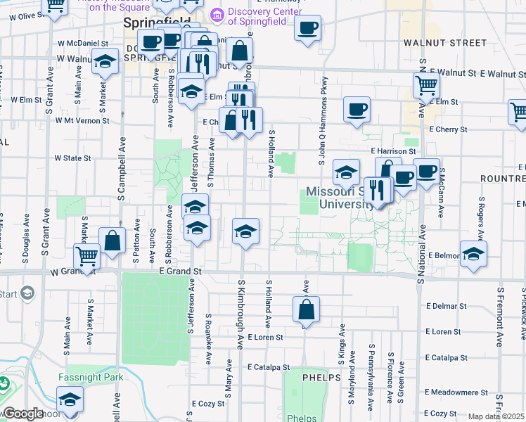 map of restaurants, bars, coffee shops, grocery stores, and more near 614 East Madison Street in Springfield