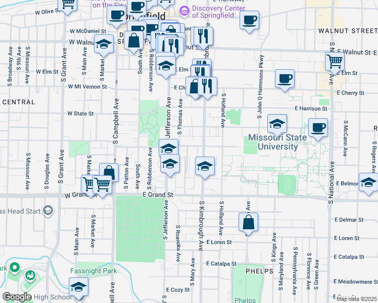 map of restaurants, bars, coffee shops, grocery stores, and more near 500 South Roanoke Avenue in Springfield