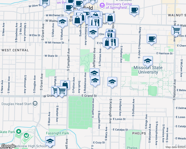map of restaurants, bars, coffee shops, grocery stores, and more near 412 East Madison Street in Springfield