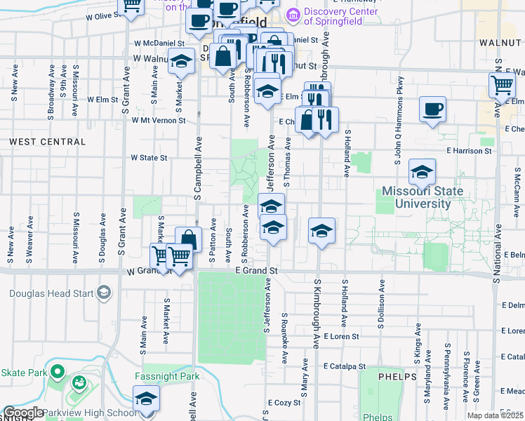 map of restaurants, bars, coffee shops, grocery stores, and more near 308 East Madison Street in Springfield
