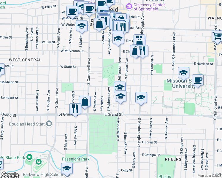 map of restaurants, bars, coffee shops, grocery stores, and more near 308 East Madison Street in Springfield