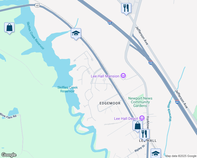 map of restaurants, bars, coffee shops, grocery stores, and more near 210 White Stone Court in Newport News