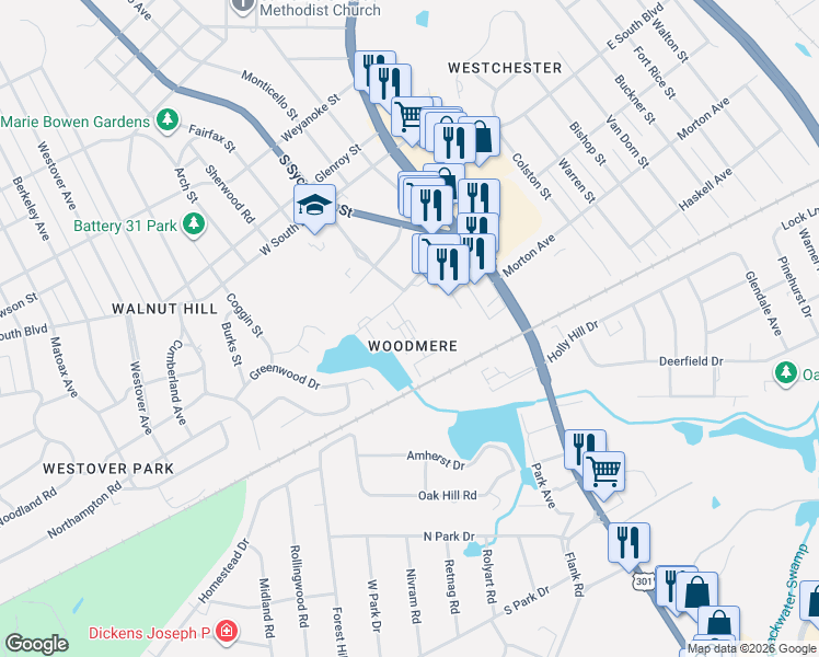 map of restaurants, bars, coffee shops, grocery stores, and more near 1 Woodmere Drive in Petersburg
