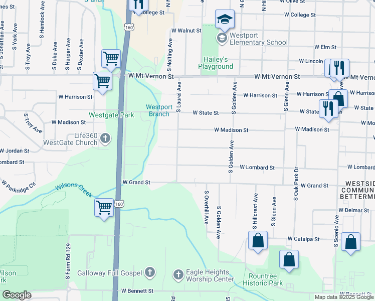 map of restaurants, bars, coffee shops, grocery stores, and more near 3242 West Page Street in Springfield