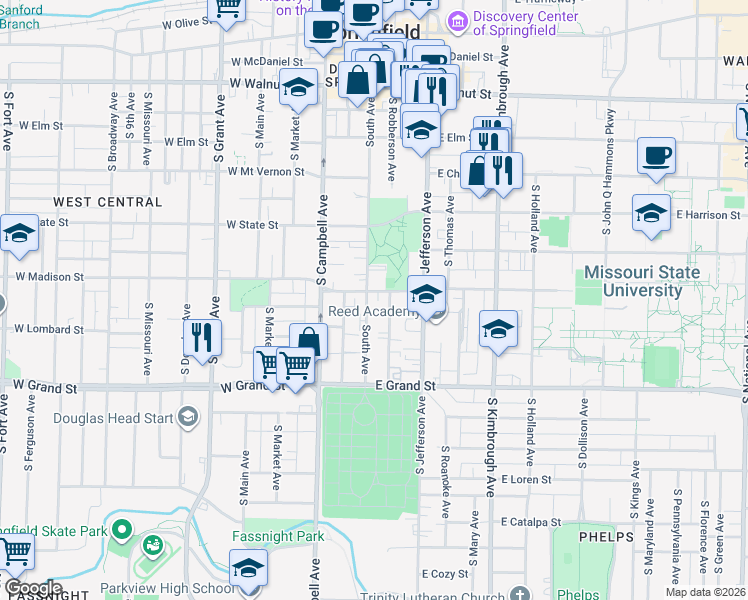 map of restaurants, bars, coffee shops, grocery stores, and more near 806 South Avenue in Springfield