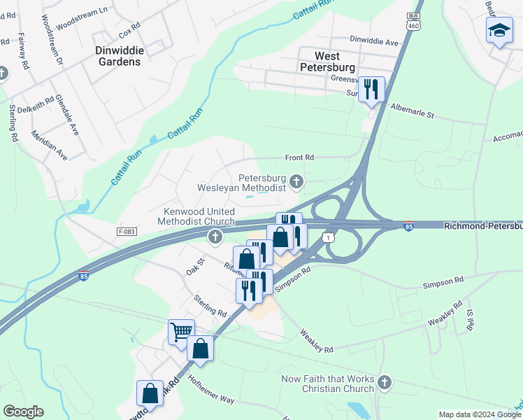 map of restaurants, bars, coffee shops, grocery stores, and more near 25309 Shady Side Drive in Petersburg