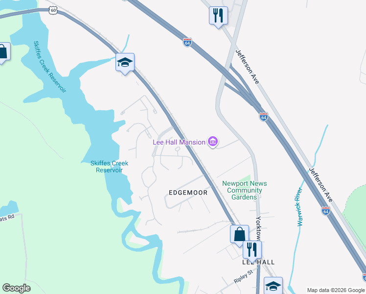 map of restaurants, bars, coffee shops, grocery stores, and more near 208 Mill Run Court in Newport News