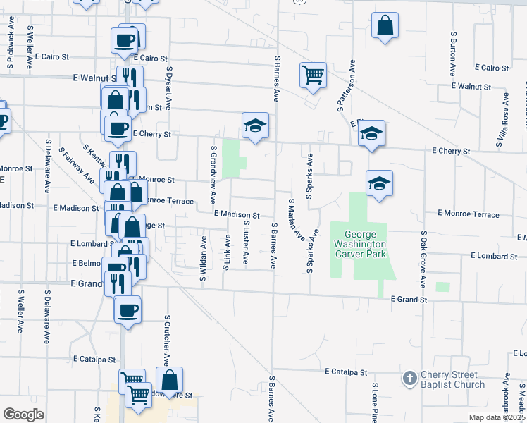 map of restaurants, bars, coffee shops, grocery stores, and more near 2155 East Madison Street in Springfield