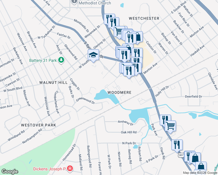 map of restaurants, bars, coffee shops, grocery stores, and more near 200 Walnut Boulevard in Petersburg
