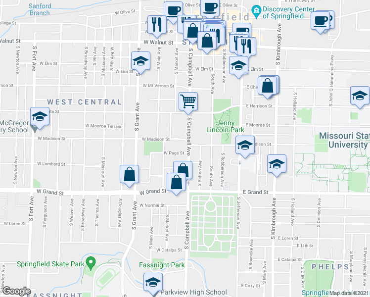 map of restaurants, bars, coffee shops, grocery stores, and more near 821 South Campbell Avenue in Springfield