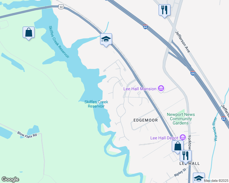 map of restaurants, bars, coffee shops, grocery stores, and more near 314 Oak Ridge Drive in Newport News