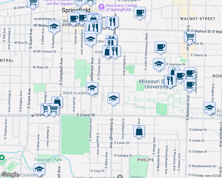map of restaurants, bars, coffee shops, grocery stores, and more near 614 East Madison Street in Springfield