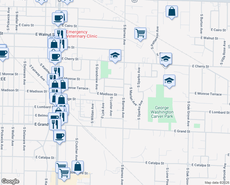 map of restaurants, bars, coffee shops, grocery stores, and more near 2155 East Madison Street in Springfield