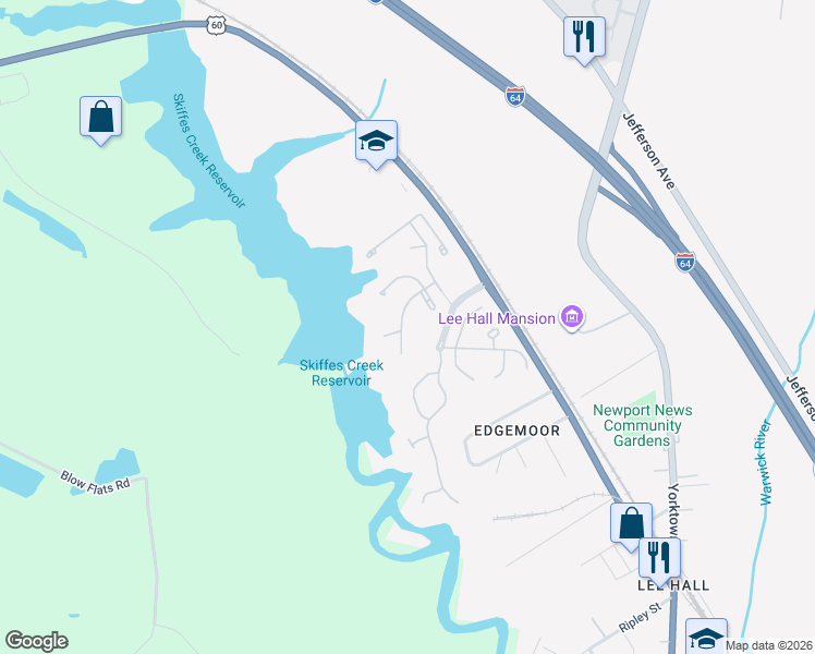 map of restaurants, bars, coffee shops, grocery stores, and more near 315 Oak Ridge Drive in Newport News